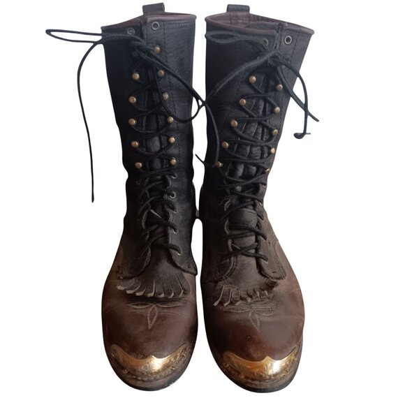 Vintage Women's Boots 9M Rancher Cowgirl Packer Lug Lace-Up Western Gold Caps - Picture 2 of 11